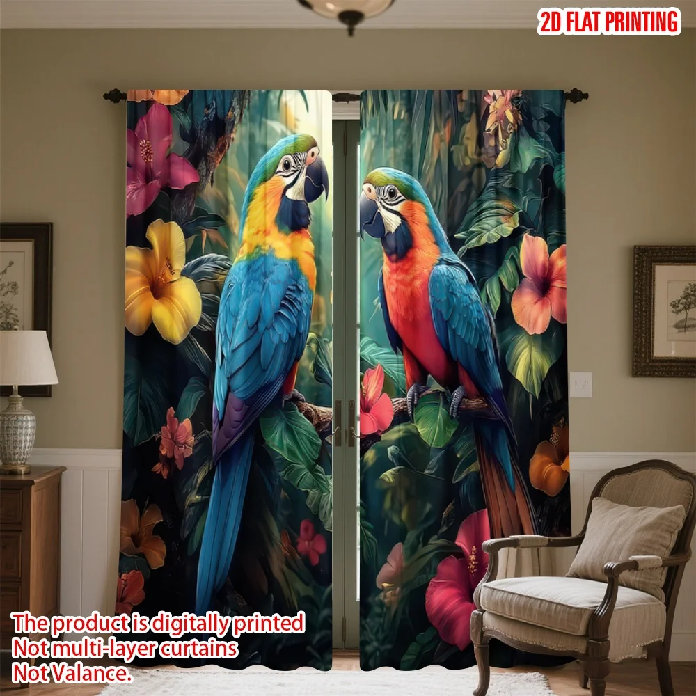 

2D flat printing 2pcs Curtain Parrots Among Tropical Flowers Digital Printed Polyester Drapes Festive Wall Decor Perfect for