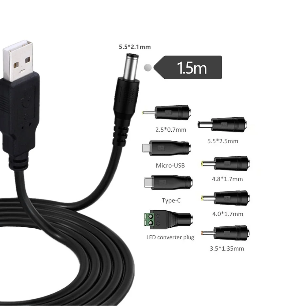 Universal 5V USB Power Cord, USB to Dc Power Cable with 8 Types Connectors for Android Phones, Tablet, Power Bank, Toy