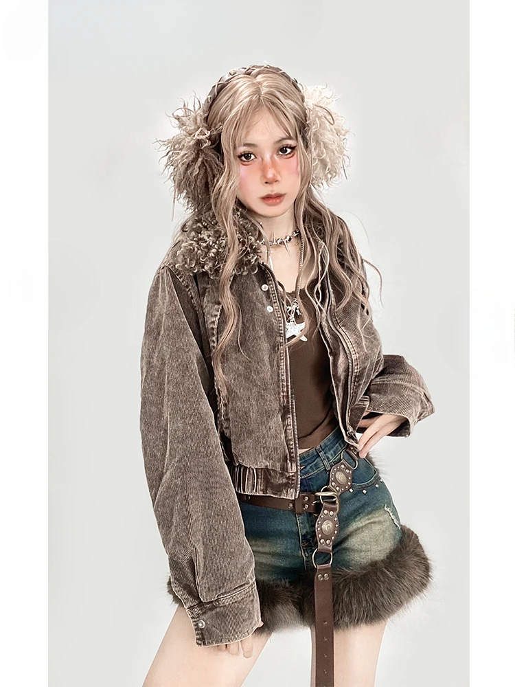 Maillard American retro fur collar short coat lamb wool lapel brown washed waist cotton jacket denim jacket winter