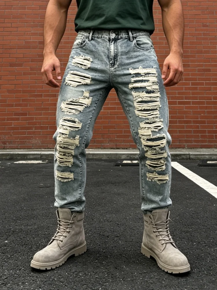 2026 Cyber Y2K Streetwear Vintage Blue Slim Ripped Jeans Pants For Men Clothing Straight Distressed Gothic Male Denim Trousers