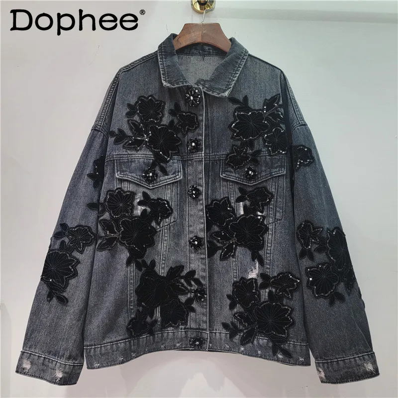 

European Sequins Embroidered Retro Washed Black Gray Denim Jacket Women's Autumn Versatile Fashion Long-sleeved Outerwear Top