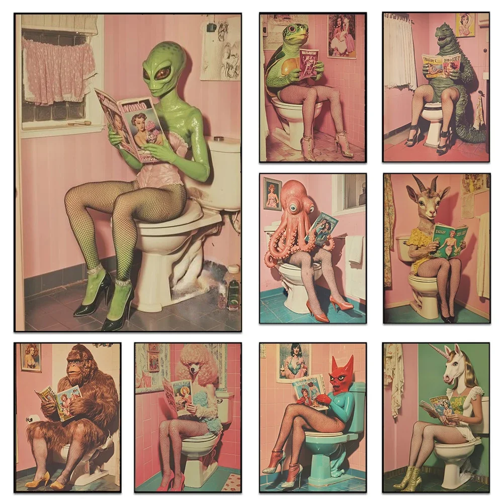 Fantasy Animals Sitting On the Toilet Poster Print For Bathroom Home Decor Alien Reading The Newspaper Canvas Painting Wall Art