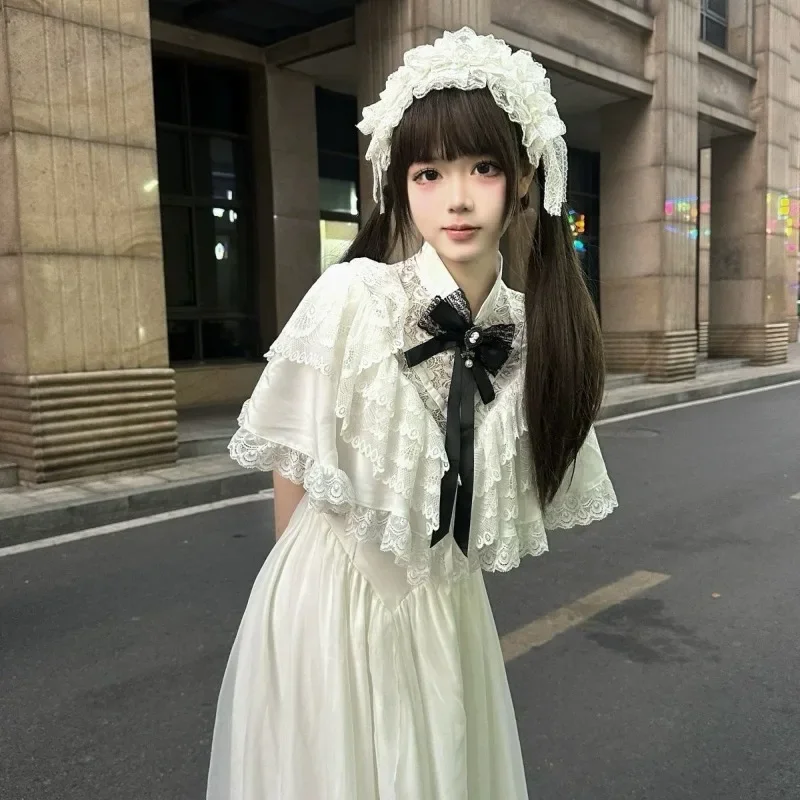 Japanese Style Sweet White Lace Dresses Women Double Layered Bow Female Dress Slim Waist Short Sleeve Vintage Dress