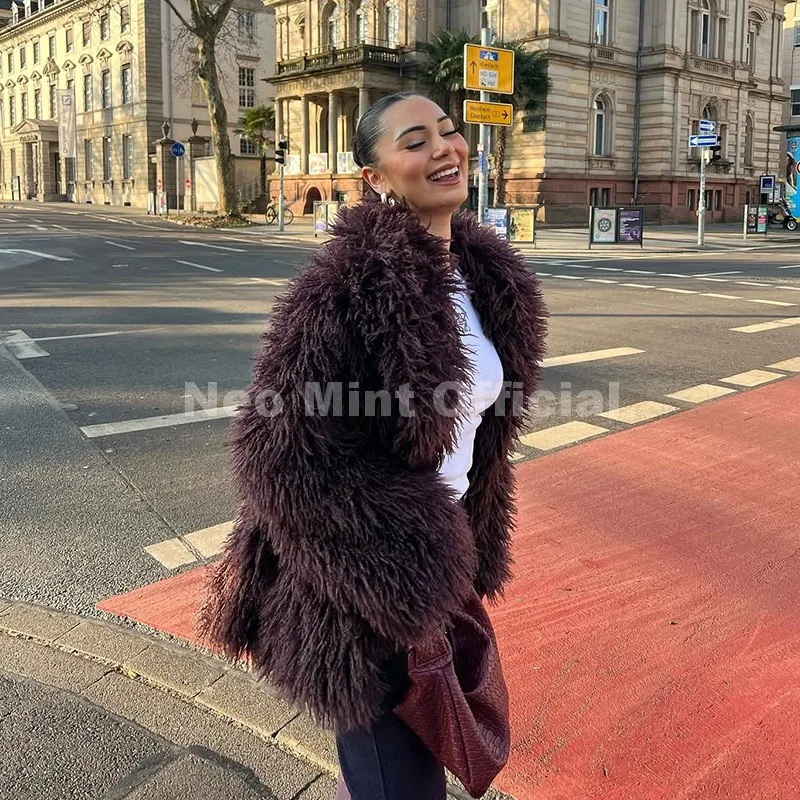Neo Mint Winter 2025 Trend Burgundy Obsession Long Faux Mongolia Sheep Fur Jacket Coat Women Chic Lapel Collar Fluffy Overcoat