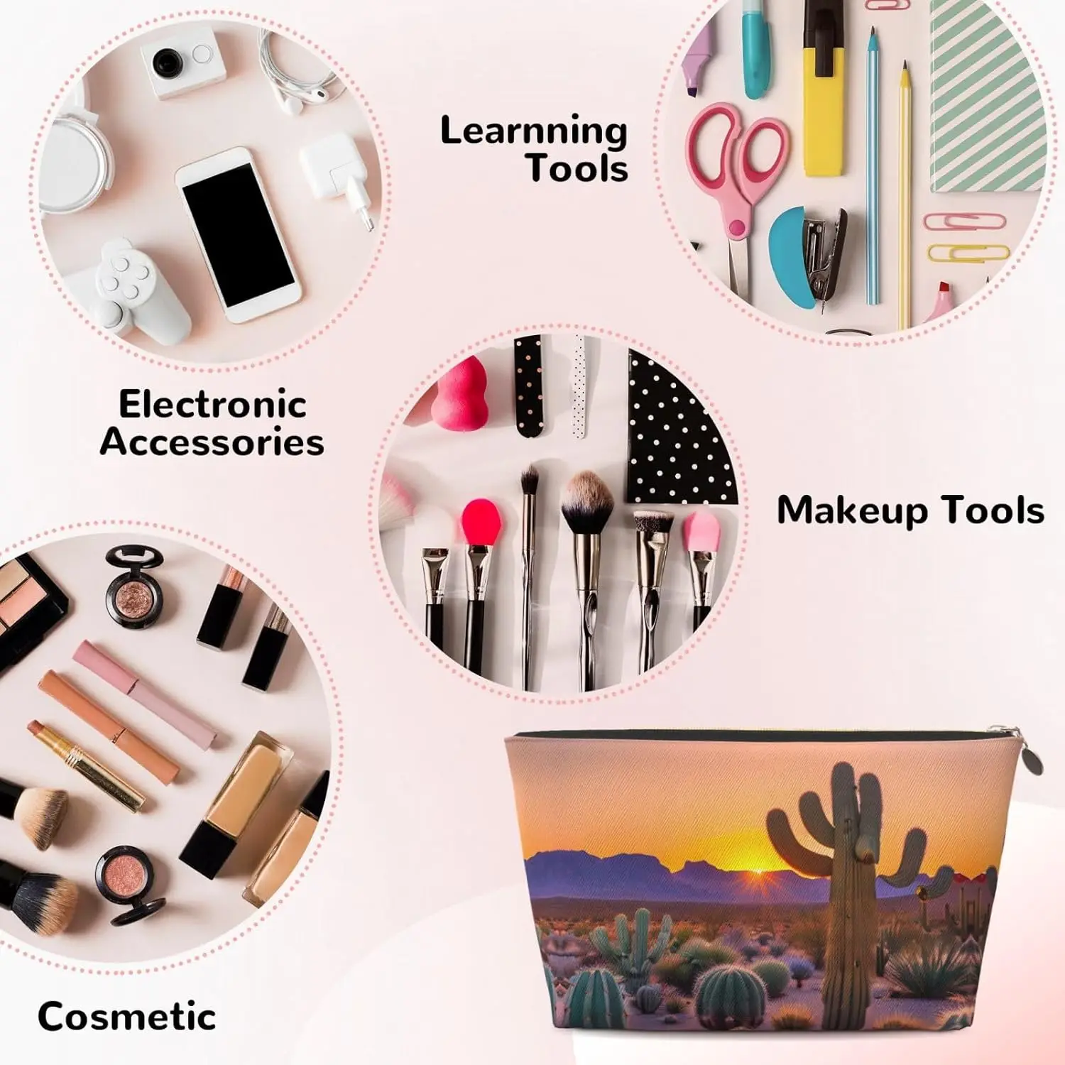 Goudkleurige lederen reistoilettas – € Cactus Desert Sunsets Herbruikbare make-up organizer, canvas tas met ritssluiting voor dagelijkse benodigdheden