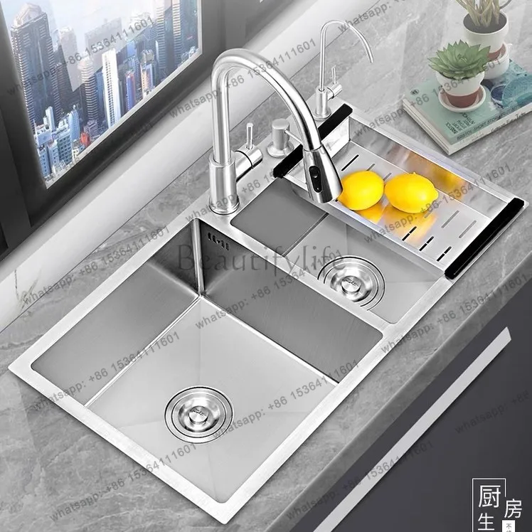 Stainless steel brushed double slot double basin kitchen sink vegetable basin stainless steel 304 pulling faucet