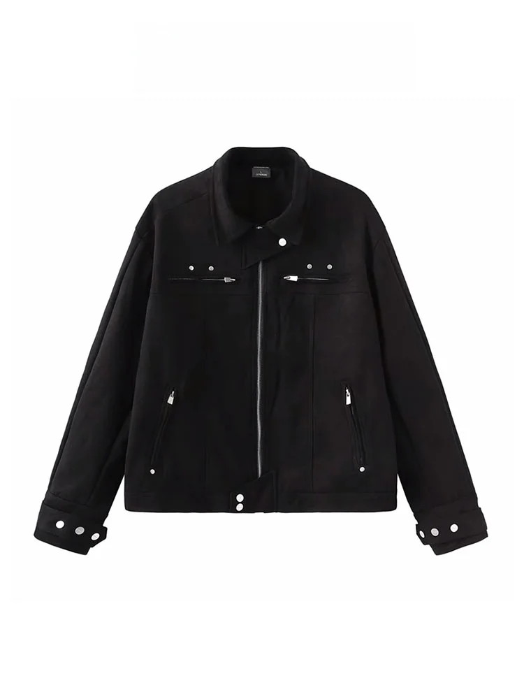 American Style Oversize Workwear Jacket Women's Short Coat Black Baseball Collar Autumn New Arrival Commute Fashion Loose Fit