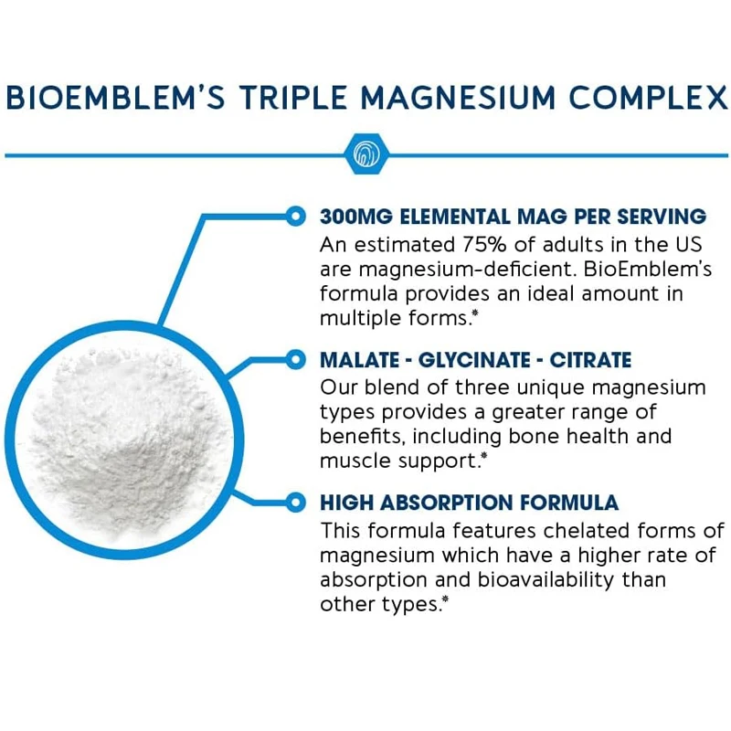 Complexe triple de magnésium | 300 milligrammes de riv, d'acide malique et de citrate de magnésium, utilisés pour la relaxation musculaire et l'énergie