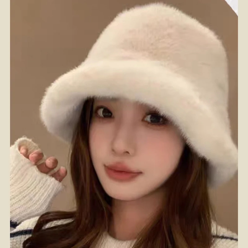 Rabbit Fur Bucket Hat for Women Fashion Autumn Winter Warm Thickened Fisherman Hat Russian Outdoor Hat Warm Trooper Trapper Cap