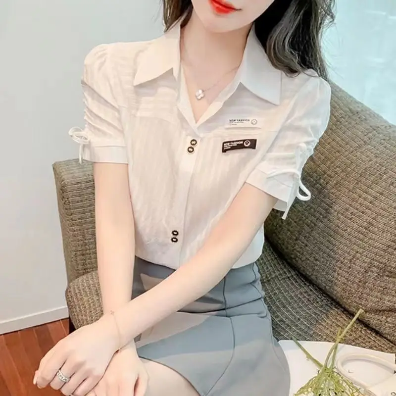 Summer New Thin Short Sleeve White Chiffon Shirt Women Clothing Solid Polo Neck Loose Lacing Temperament Blouse Fashion Sweet