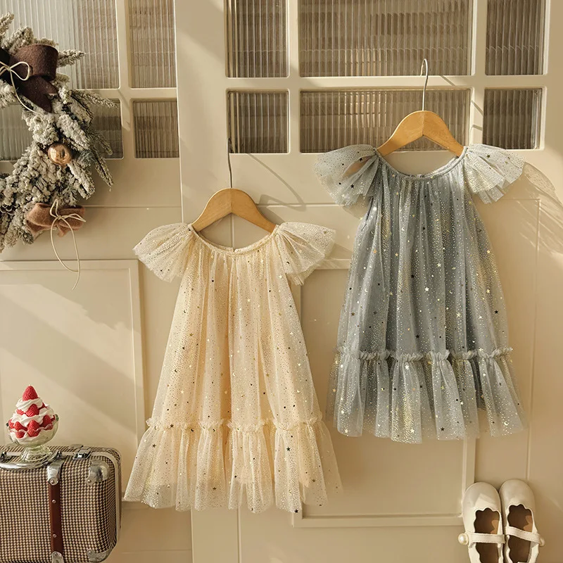 Kids Sparkle Star Print Tulle Dress Off Shoulder Ruffle Sleeve Dresses Toddler Girl Birthday Party Dress Summer Casual Wear