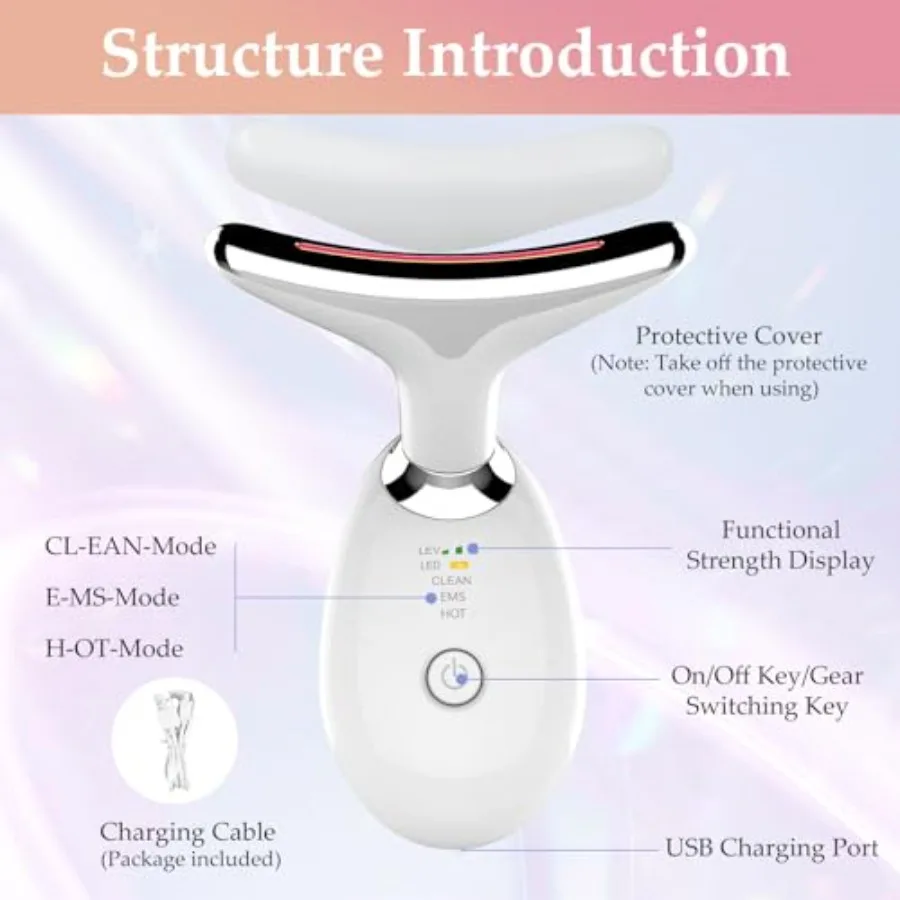 Face and Neck Massager Tool 7 Colors LED Womens Skin Care Facial Massager for Skin Rejuvenation Lifting Toning Glow Boost