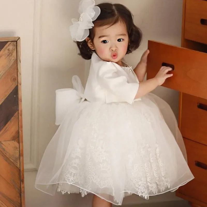 Baby Girl Princess Lace Bow Dress Long Sleeve Infant Toddler Child Tulle Vestido Wedding Party Birthday Autumn Baby Clothes1-12Y