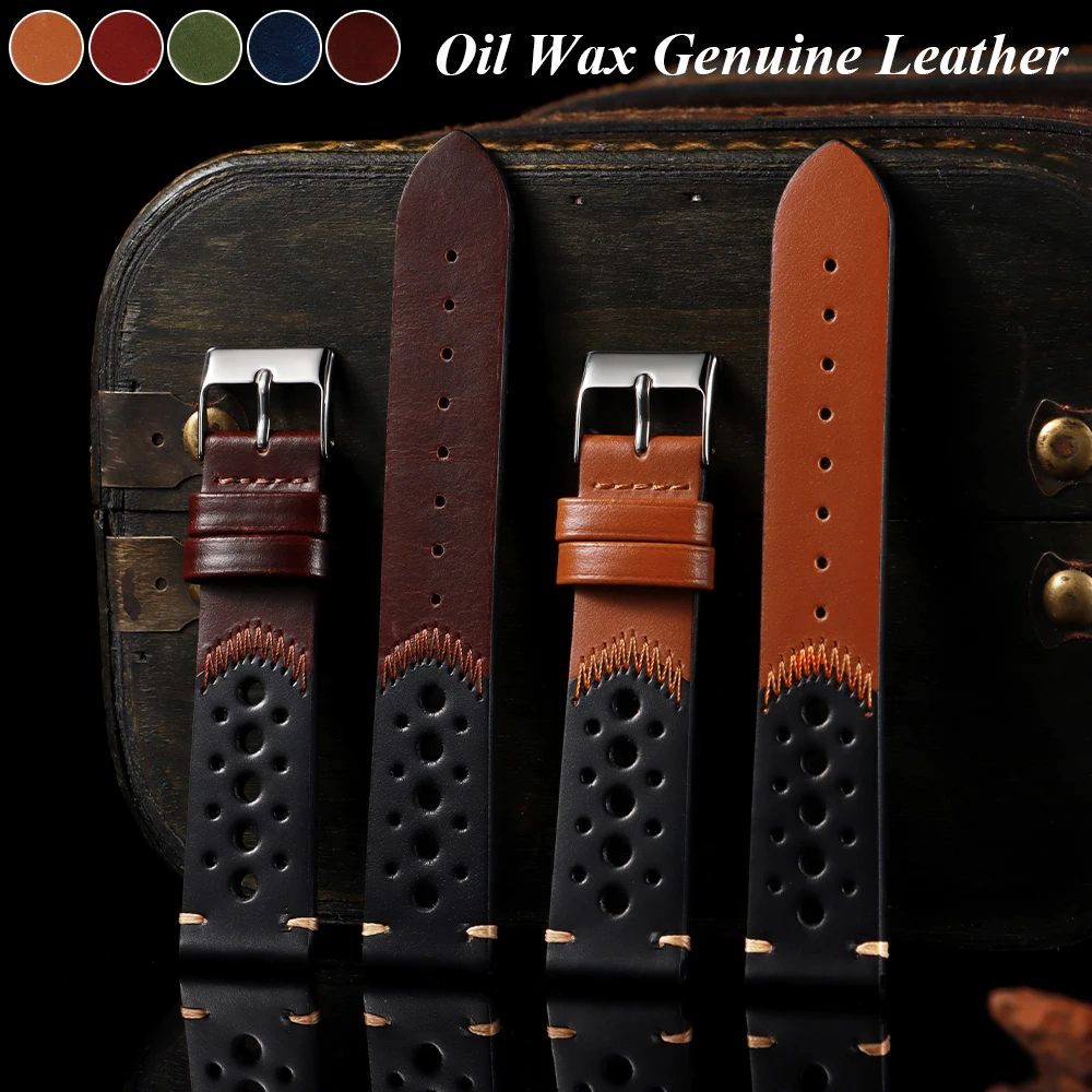 Ölwachs-Uhrenarmband aus echtem Leder, braun, schwarz, atmungsaktives Rindsleder-Uhrenarmband, 20 mm, handgefertigte Nähte für Uhrenarmbänder