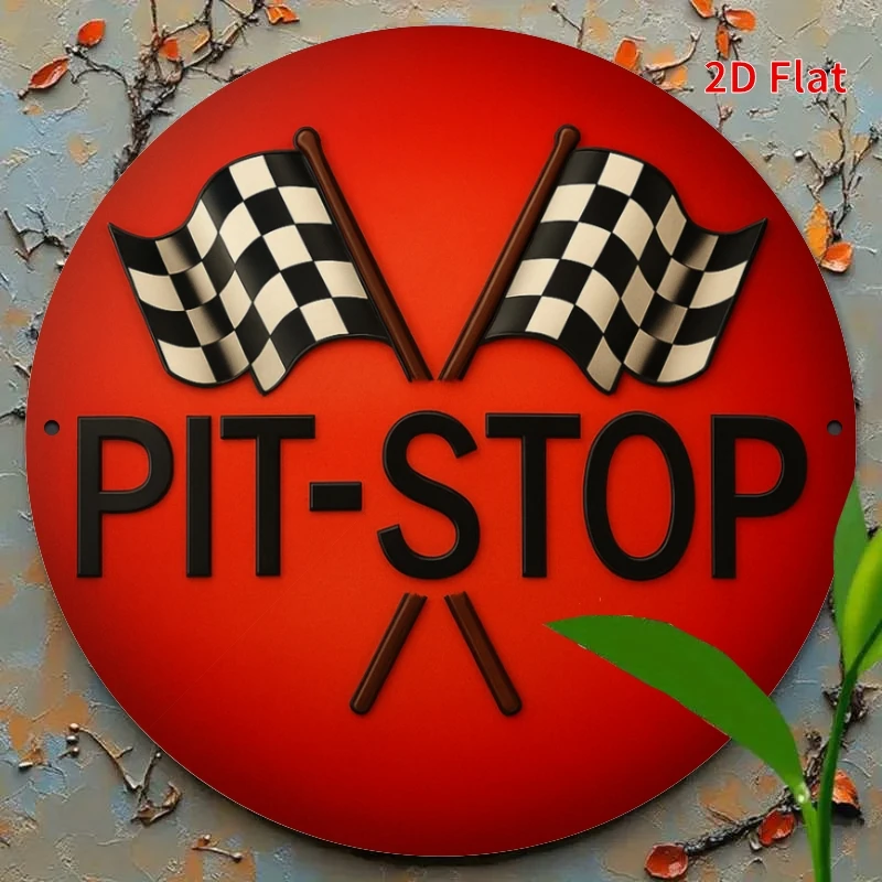 Sculpture murale vintage 2D Pit-Stop, panneau décoratif en aluminium 7,8"x7,8" avec drapeaux à carreaux, adapté pour la maison, le bureau ou les vacances
