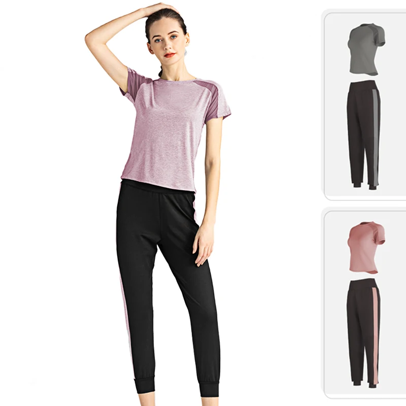 

Women Yoga Set Quick Dry 2 Piece Female Short-sleeved Long Pants Outdoor Sportswear Fitness Running Suit Breathable Sport Outfit