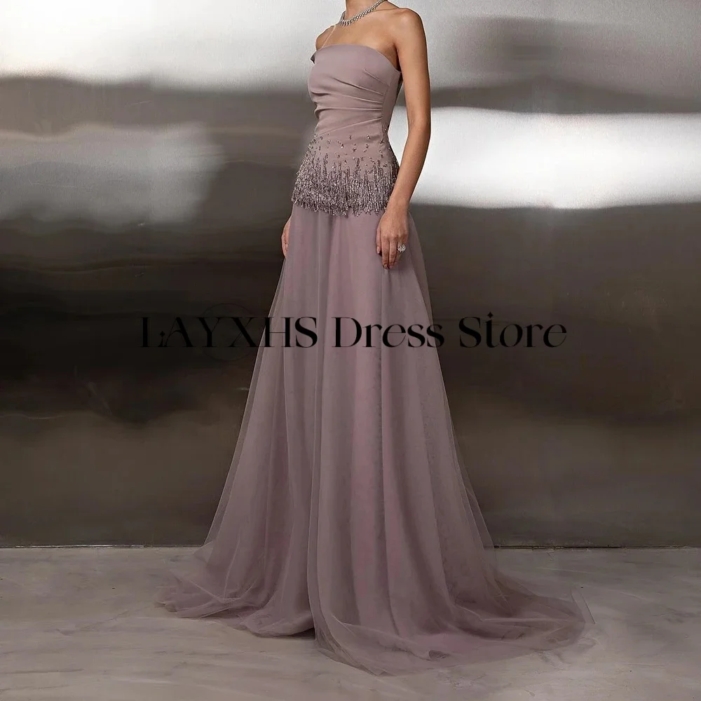Suknie wieczorowe bez ramiączek LAYXHS, luksusowe, zdobione koralikami, tiulowe, o kroju litery A, zapinane na zamek, sukienki na studniówkę, szyte na miarę, платье вечернее
