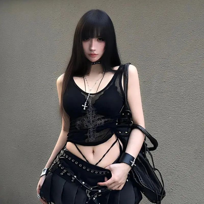 

Goth Y2k Жилет Женский Тонкий Винтажный Кружевной Сексуальный Новый 2000-х Эстетический Harajuku Уличная Одежда Принт Горячая Девушка Майка Выдалбливают Гранж Эмо