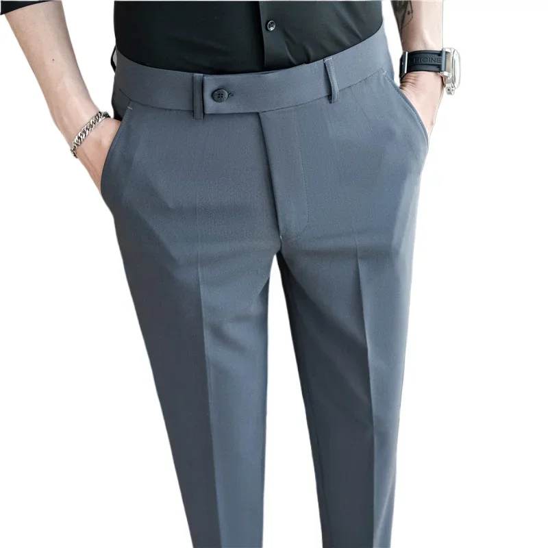2025 Summer Thin White Elastic Nine Cent Suit Pants for Men,gray Blue Four-side… - Image 4