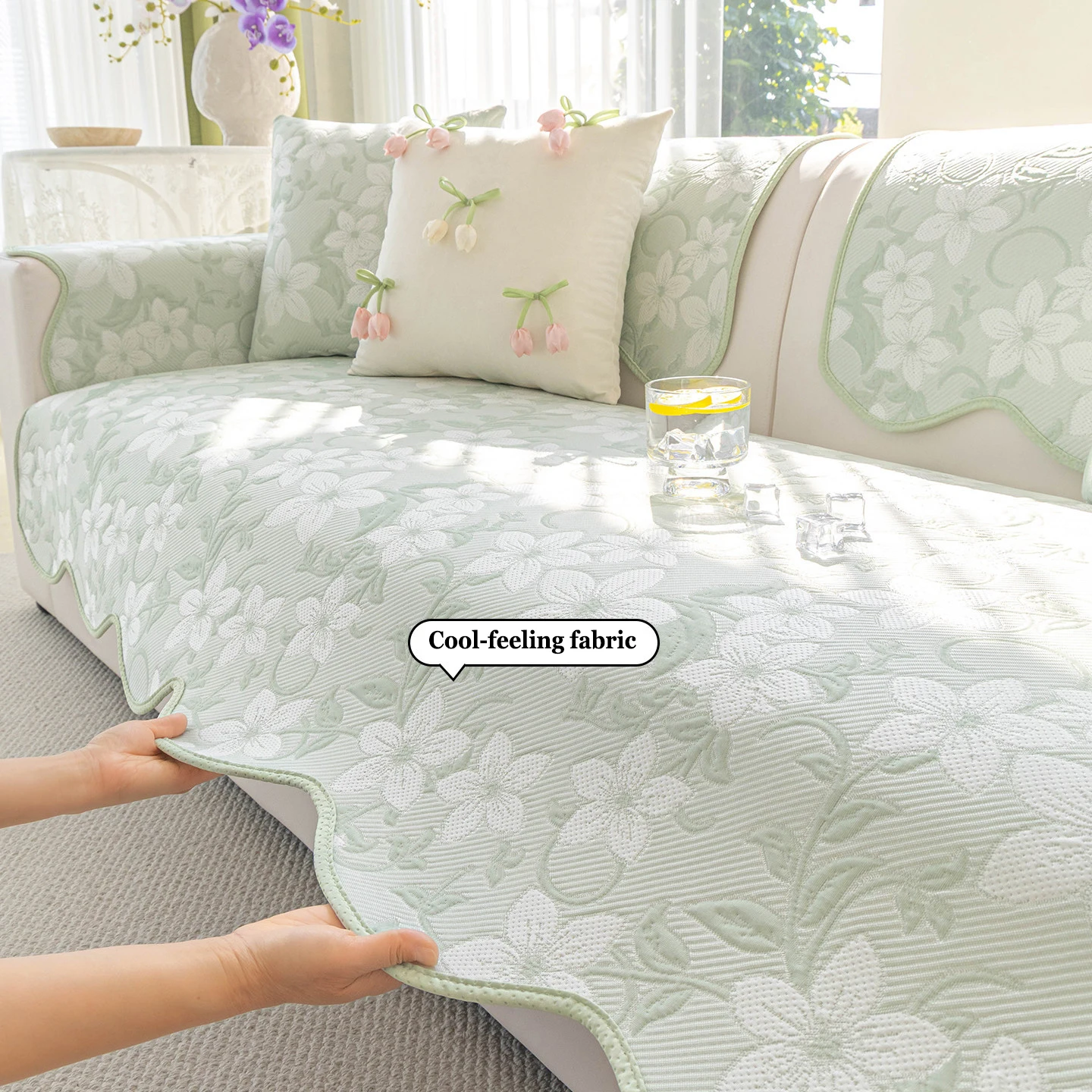 Summer Cool Feeling Bean Bean Sofa Cover Straight-Line Anti-Slip Cooling Mat Sofa Seat Covers Simple Ice Silk Green Covers