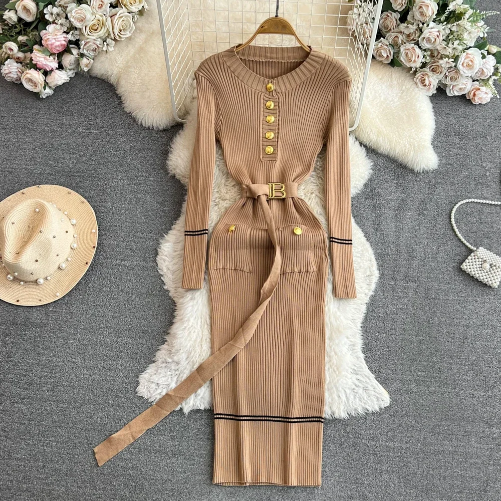 Sashes Women Dress Bodycon Autumn Winter Elegant Strecth Rib Knit Long Pencil Dress Buttons Office Lady Sweater Dress Vestidos