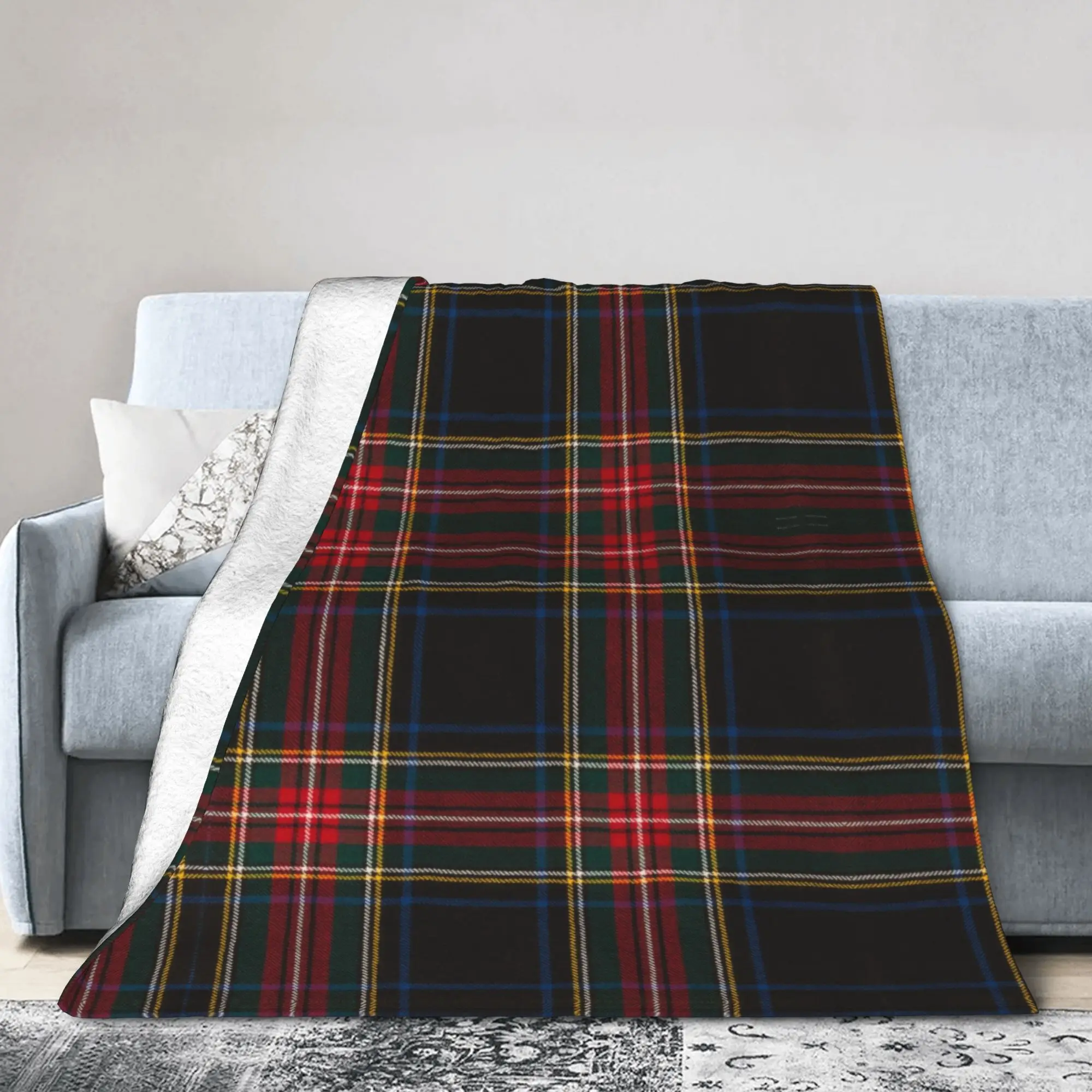 Plaid Stewart Black Tartan Blanket Flannel Decoration  Portable Lightweight Thin Throw Blanket for Bed Bedroom Rug Piece