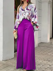 Spring Autumn Long Batwing Sleeve Cardigan Top Wide Leg Pants Women Matching Set Printing V-Neck Loose Streetwear Dropshipping