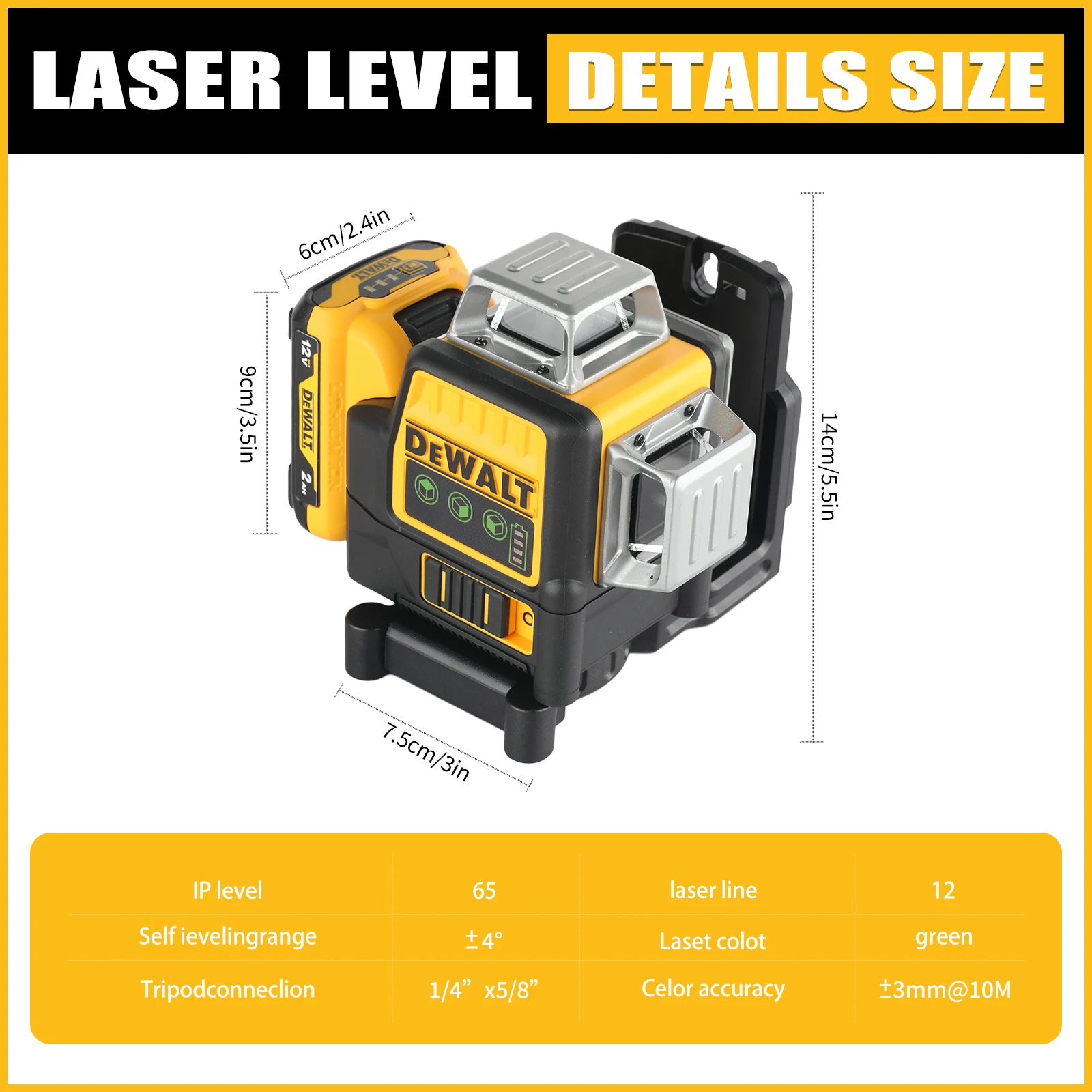 DEWALT DW089LG Lithium Battery Green Laser Level | 12 Lines 3 Sides 360° Horizontal Vertical | Outdoor Leveling Measurin