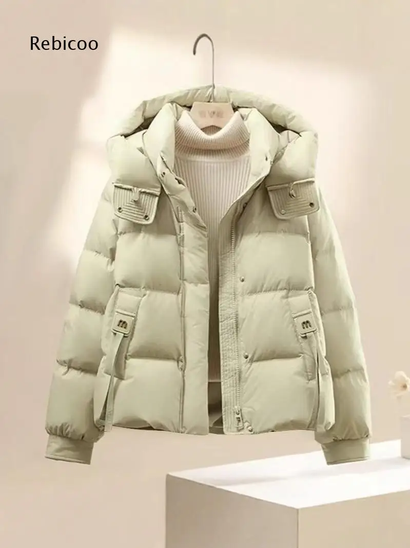 Female Warm Short Puffer Coat Hooded Zip Long Sleeve Loose Padded Jacket Multi Pockets For Outdoor And Daily Occasions