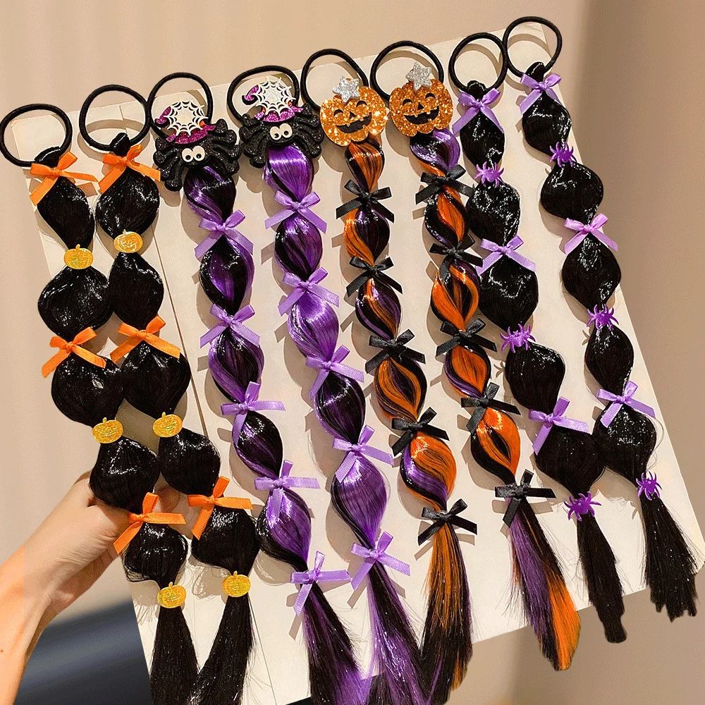 2-Pack Halloween Fashion Hair Ties And Wig Caps for Girls with Pumpkin And Spider Elements - Fun Accessory Set for Halloween