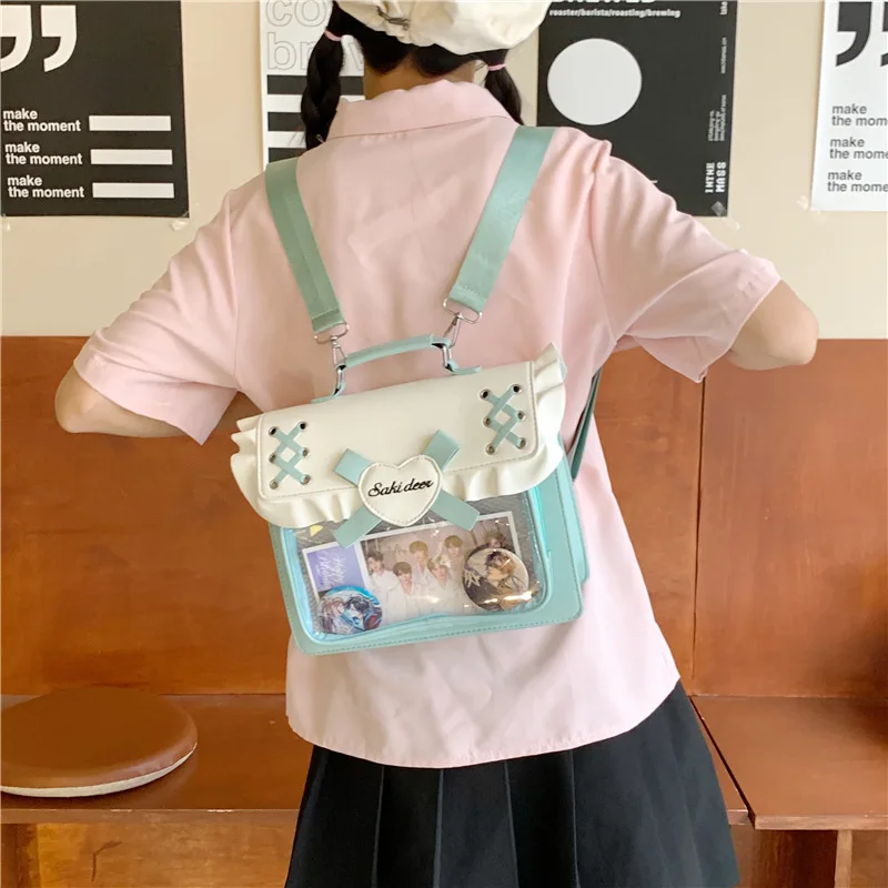 Japanese Sweet Lolita Ita Bag Clear Window Display Backpack, Ruffle Lace up Multiway Shoulder Crossbody Bag for Anime Fans