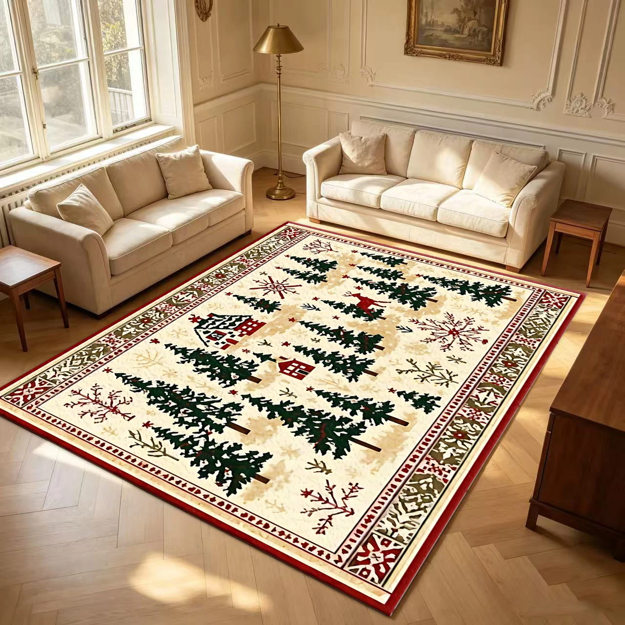 Forest Christmas Tree Reindeer Cabin Carpet