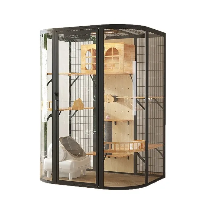 

Клетка-вилла для кошек с панорамным остеклением, домик для питомцев из массива дерева, панорамная стеклянная клетка