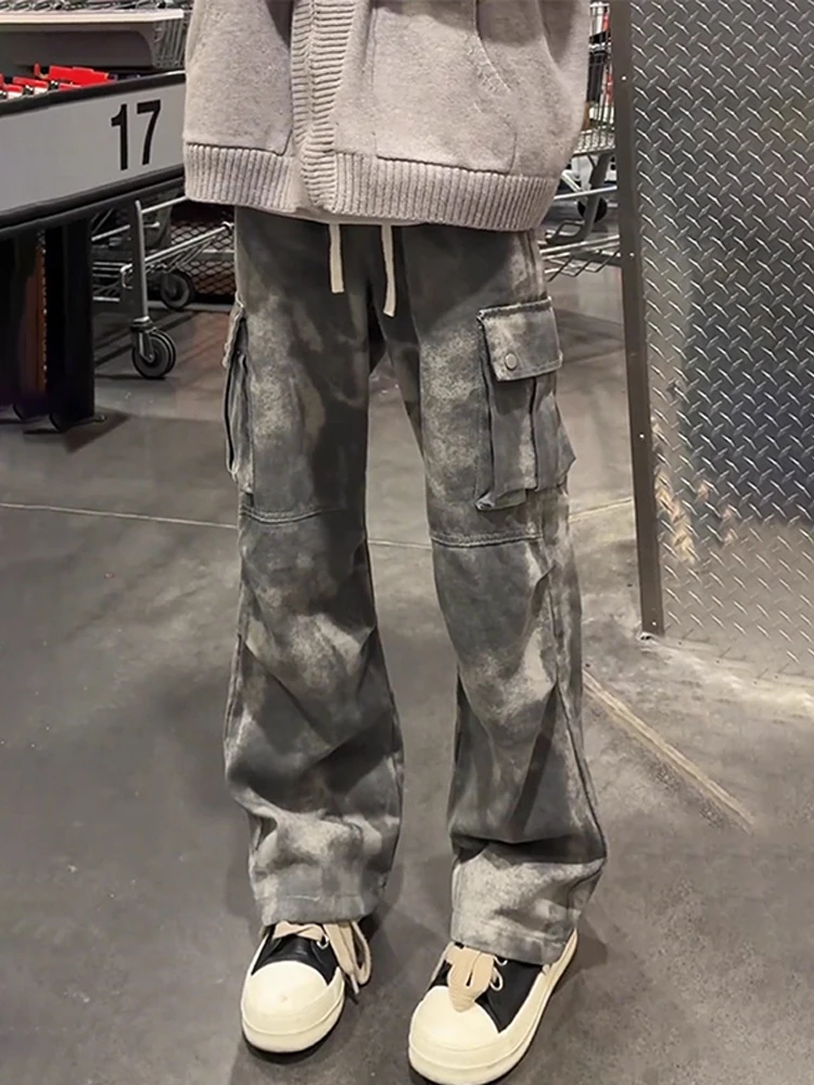 

American Camouflage Curved Knife Men's Jeans Autumn Cleanfit Dyed Micro Flared Pants Retro Multi ket Workwear Trousers