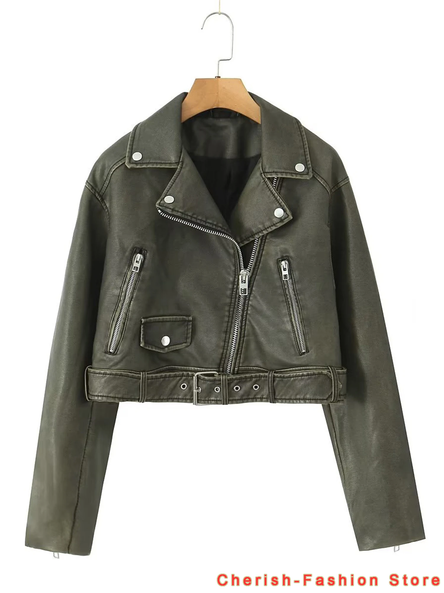 2023 New Autumn Women Vintage Bomber Washed PU Faux Leather Jackets Ladies Gradient Zipper Motor Biker Gray Leather Jacket Short