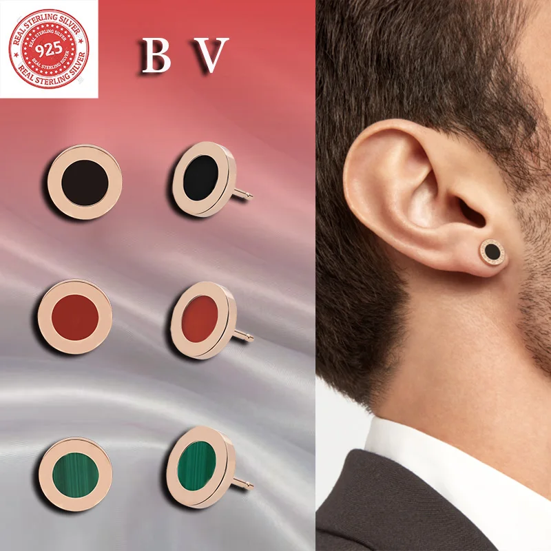 Pure silver s925 fashionable B V trendy French charm light luxury jewelry classic BV black earrings men's decoration