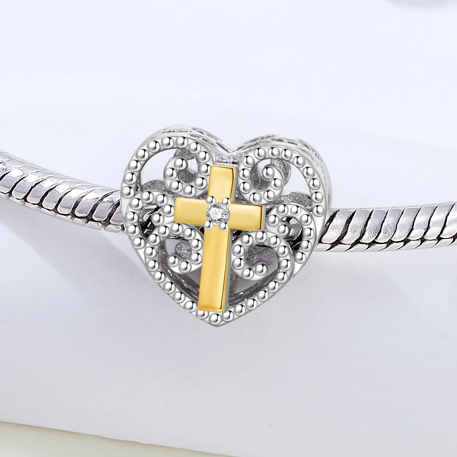 MISEFF 925 Sterling Silver Cross Heart Bead Religious Symbols Always In My Heart Guarding Love For Bracelet DIY Jewelry Gift