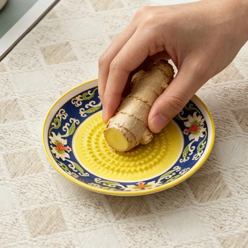 Manual Garlic Sauce Bowl Textured Raised with Cleaning Brush Ginger Grating Plate Non-Slip Base Glazed Floral Painted