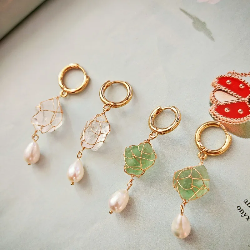 

Fashion Creative Natural Stone White Green Fluorite Color Freshwater Pearl Hand-wrapped Dangle Earrings Hoop Earrings for Women