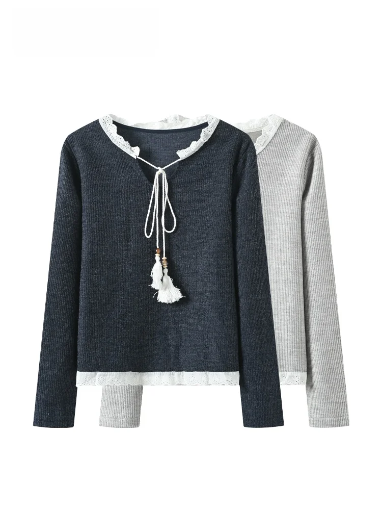 

Large Size Lace Long Sve Knitted Sweater Women's Vintage Sle Meat Concealing Top for plus Size Ladies Spring Season