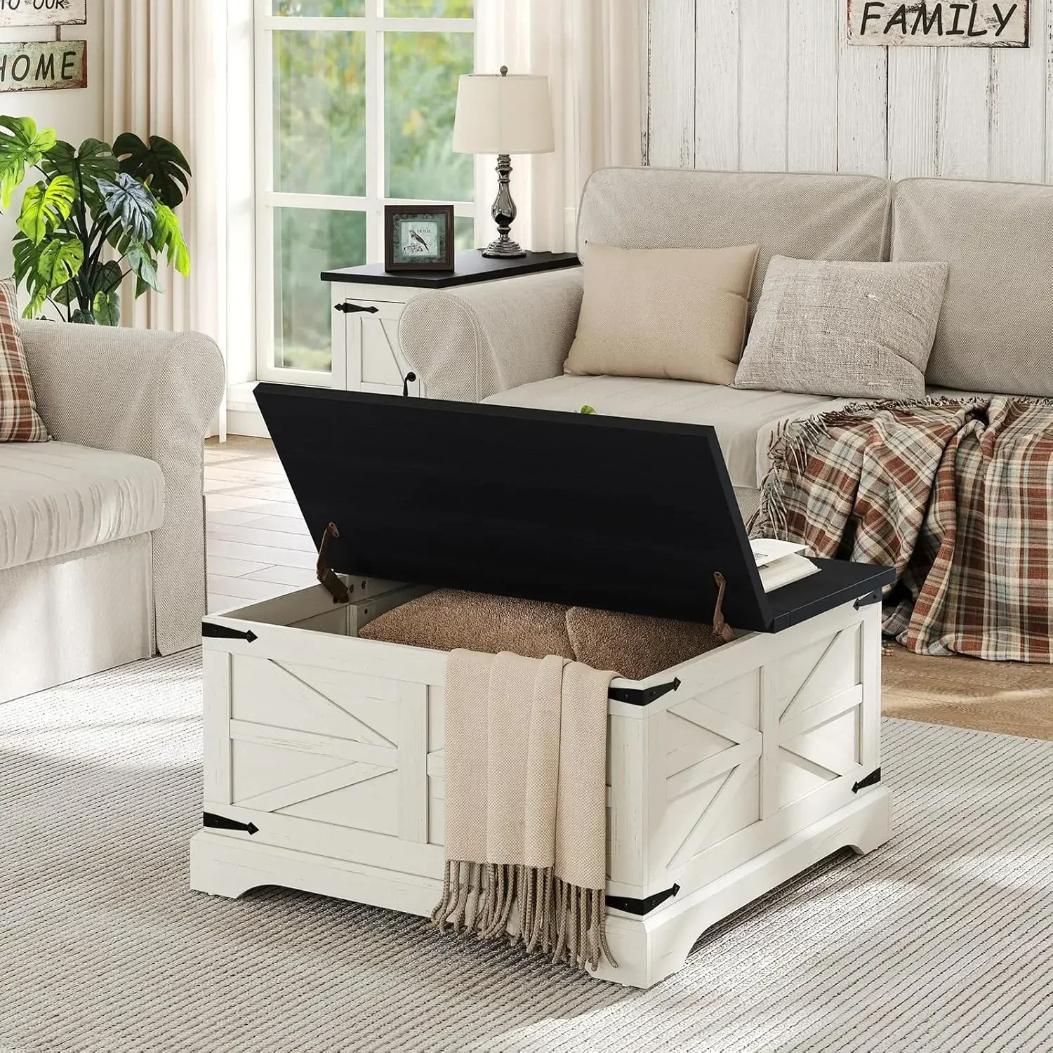 Farmhouse Lift Top Coffee Table, โต๊ะกลางไม้สี่เหลี่ยมพร้อมช่องเก็บของซ่อนขนาดใหญ่สําหรับห้องนั่งเล่น