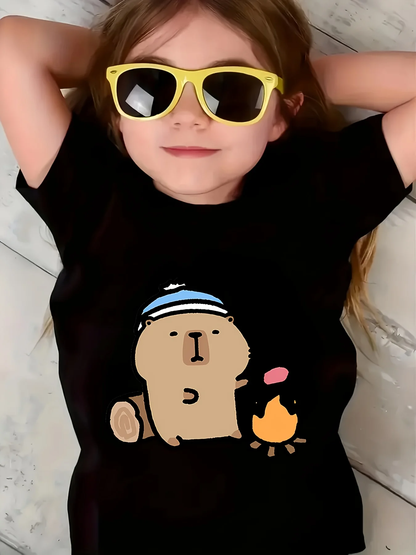 Camping Capybara Marshmallow Campfire Print Family Matching Cotton Tees Short Sleeve Tops For Mom Dad Boys Girls Daily Wear