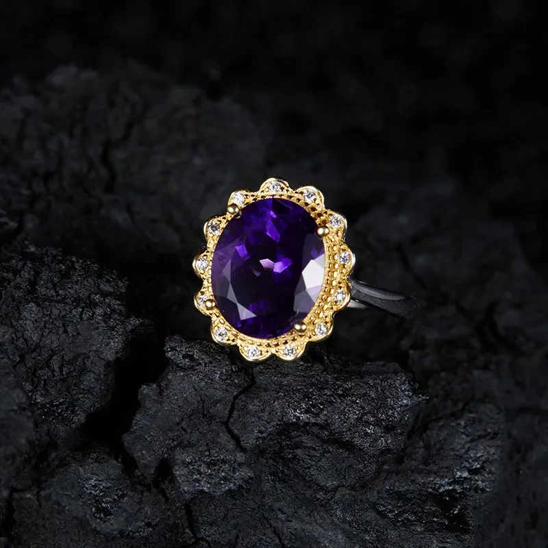 Live stream popular color treasure ring s925 sterling silver inlaid natural amethyst ring female flower design cross-border