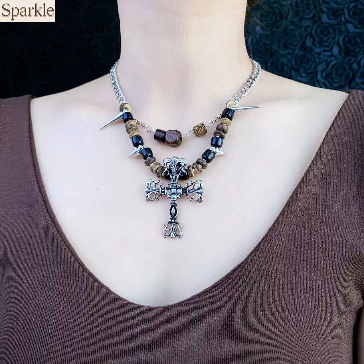 

Y2K Punk Vintage Cross Pendant Necklace for Women Maillard Beaded Geometric Spike Choker Retro Unique Gothic Fashion Jewelry