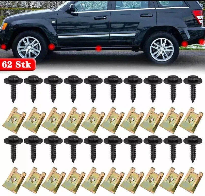 

62x Chassis Engine Guard Metal Nut/Screw Washers U-shape Clip For Car Fender Bumper Cross Head Screws