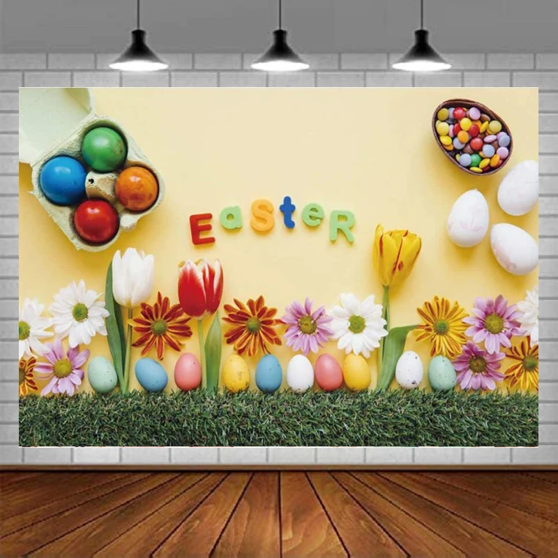 Photography Backdrop Painted Eggs Colorful Candy Green Lawn Spring Tulip Daisy Background Happy Easter Party Decor Baby Shower