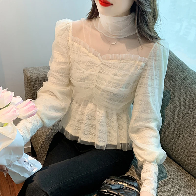 Solid Color Gentle Blouse Women Puff Sleeve Ruffles Sweet Blusas Mujer Autumn 2022 New Arrival Korean Vetement Femme