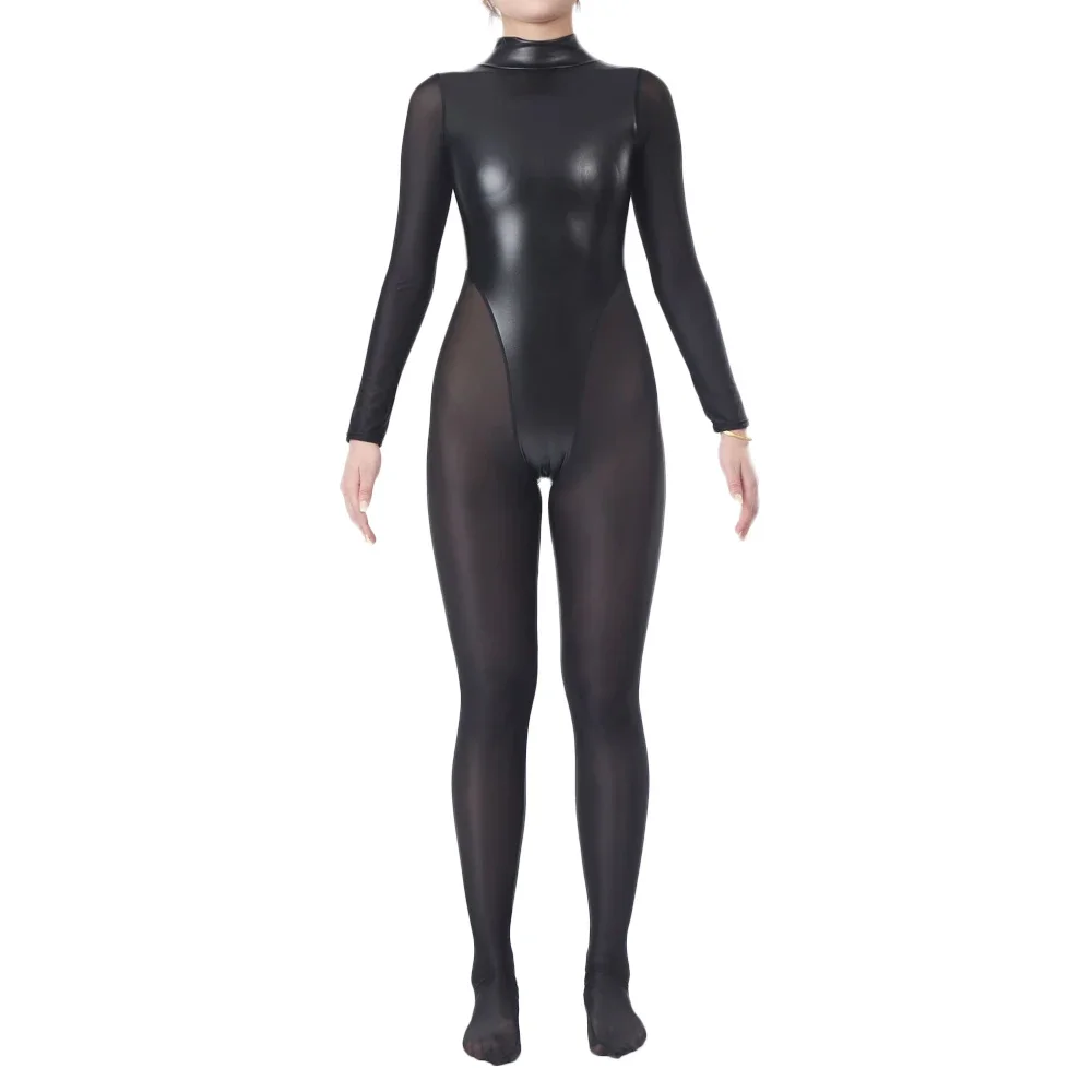 Sexy Women PU Mesh High Cut Bodysuit OIl Glossy Shiny Elastic Yoga Shaping Tights Sheer See Through Maid Leotard Stage Wear