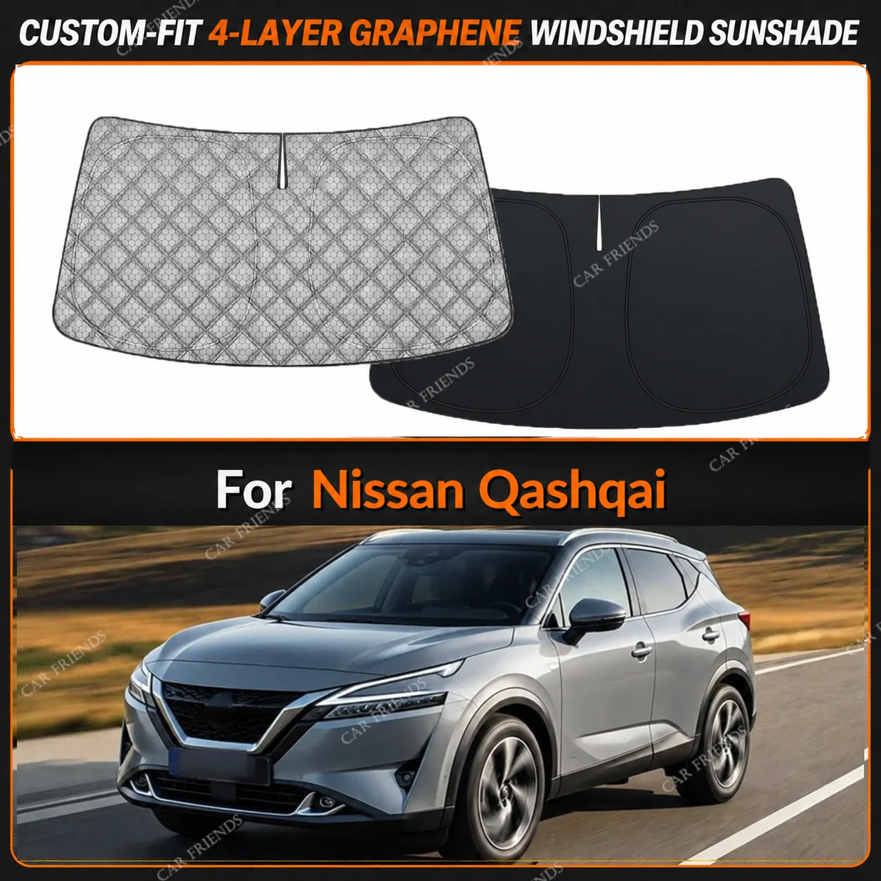 For Nissan Qashqai Custom-Fit 4-Layer Graphene Windshield Sunshade Reflective Gray-Silver Surface Helps Reduce Direct Sunlight