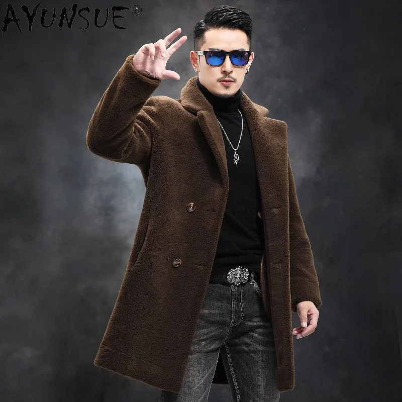 AYUNSUE Winter Wool Coat Warm Sheep Shearing Long Coats and Jackets Double-sided Wear Autumn Clothing Men's Overcoat 6XL WPY4437